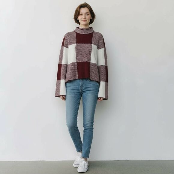 SHEIN Checkered Mock Neck Cropped Pullover Sweater Burgundy White Medium - Picture 2 of 10